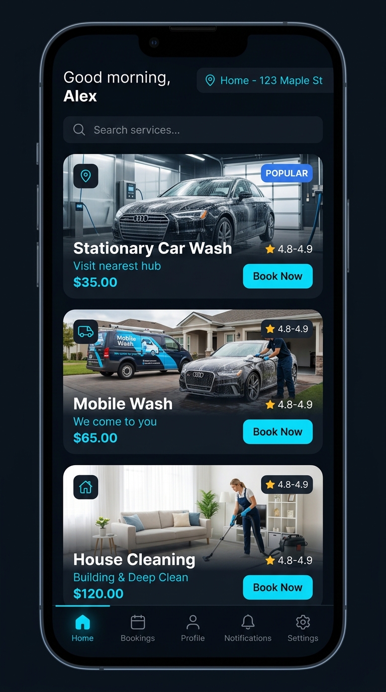 CarWash Mobile App Interface